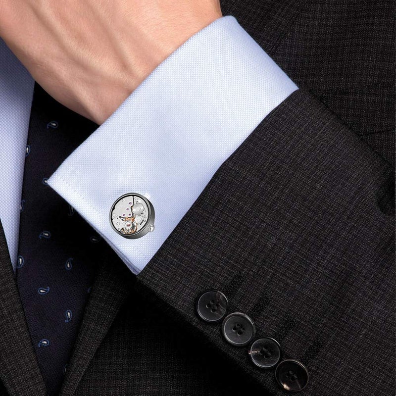 MERIT OCEAN Movement Cufflinks Steampunk Watch Mens Shirt Vintage Watch Cuff Links Business Wedding Gifts (Silver in The Middle) - Image 2