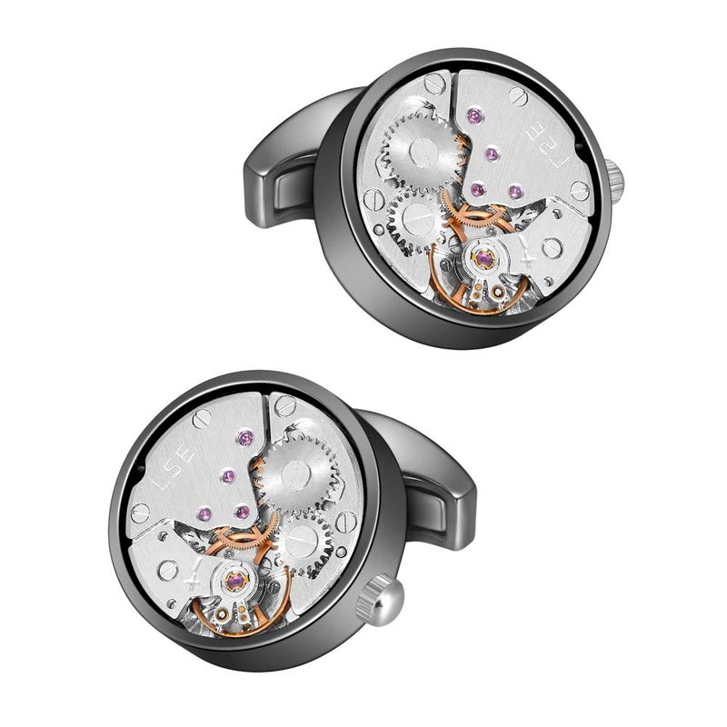 MERIT OCEAN Movement Cufflinks Steampunk Watch Mens Shirt Vintage Watch Cuff Links Business Wedding Gifts (Silver in The Middle) - Image 1