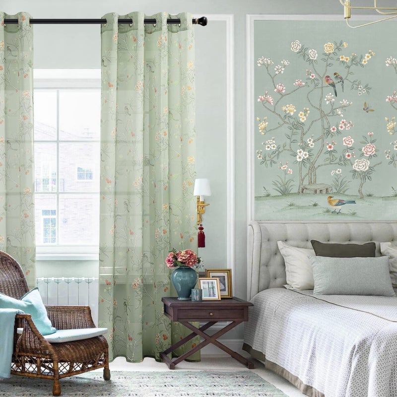 XTMYI Sage Green Floral Curtains for Spring Living Room 84 Inches Long, Light Green French Country Whimsy Bird Botanical Pattern Print Voile Curtains for Bedroom Aesthetic, 2 Panels Set - Image 2