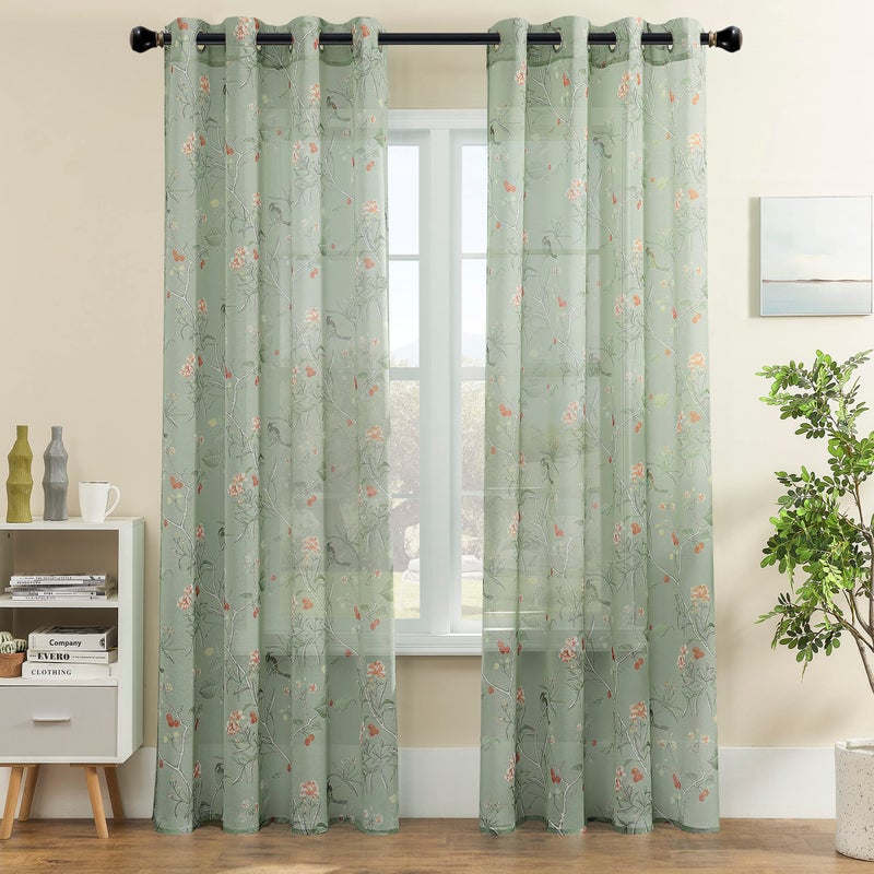 XTMYI Sage Green Floral Curtains for Spring Living Room 84 Inches Long, Light Green French Country Whimsy Bird Botanical Pattern Print Voile Curtains for Bedroom Aesthetic, 2 Panels Set - Image 3