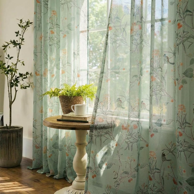 XTMYI Sage Green Floral Curtains for Spring Living Room 84 Inches Long, Light Green French Country Whimsy Bird Botanical Pattern Print Voile Curtains for Bedroom Aesthetic, 2 Panels Set - Image 1