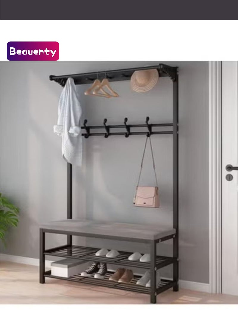 Beauenty Hall Tree with Shoe Bench, Entryway Coat Rack with 9 Hooks Multifunctional Metal Garment Rail for Hallway, Metal Frame, 3-in-1 Design (Color : Black, Size : 80x33x170cm) - Image 1