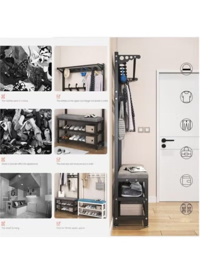 Beauenty Hall Tree with Shoe Bench, Entryway Coat Rack with 9 Hooks Multifunctional Metal Garment Rail for Hallway, Metal Frame, 3-in-1 Design (Color : Black, Size : 80x33x170cm) - Image 3