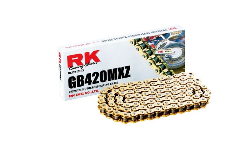 RK Racing Chain سلسلة RK Racing GB420MXZ-112 (سلسلة 420) ذهبية 112 رابط ثقيلة التحمل MX/SX سباق سلسلة غير O-Ring مع رابط متصل - Image 1