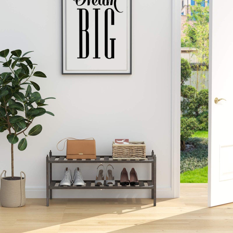 Dranixly Bamboo 2-Tier Shoe Rack Stackable Shelf Storage Organizer for Entryway, Hallway and Closet, 27.2"x11"x13.2" (Mocha) - Image 2