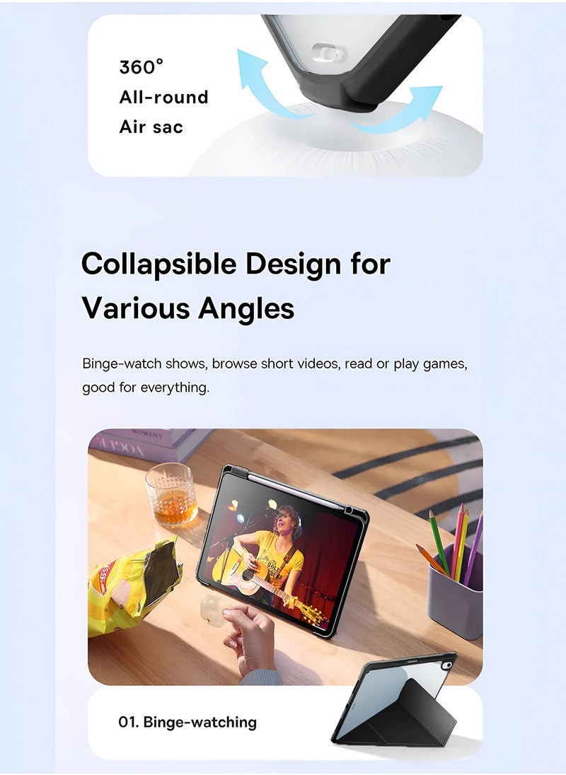 ELTRAZONE آيباد 2025 (الجيل الحادي عشر) A16 10.9 بوصة غلاف سمترى 360 الذكي – استيقاظ/نوم تلقائي، قوام جلد فاخر أمامي، ظهر شفاف مقاوم للصدمات، حامل قلم مدمج، قاعدة ثلاثية الطي، غلاف واقي خفيف الوزن – أسود - Image 3