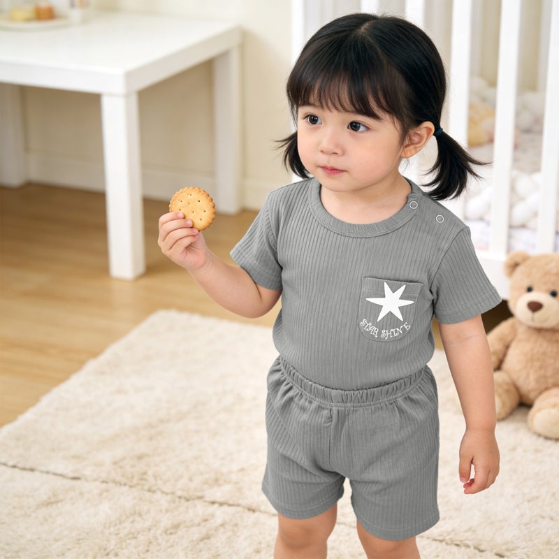 Babies Basic Ribbed Cotton Short Sleeves T-shirt and Plain Shorts Set, Gray - Image 2
