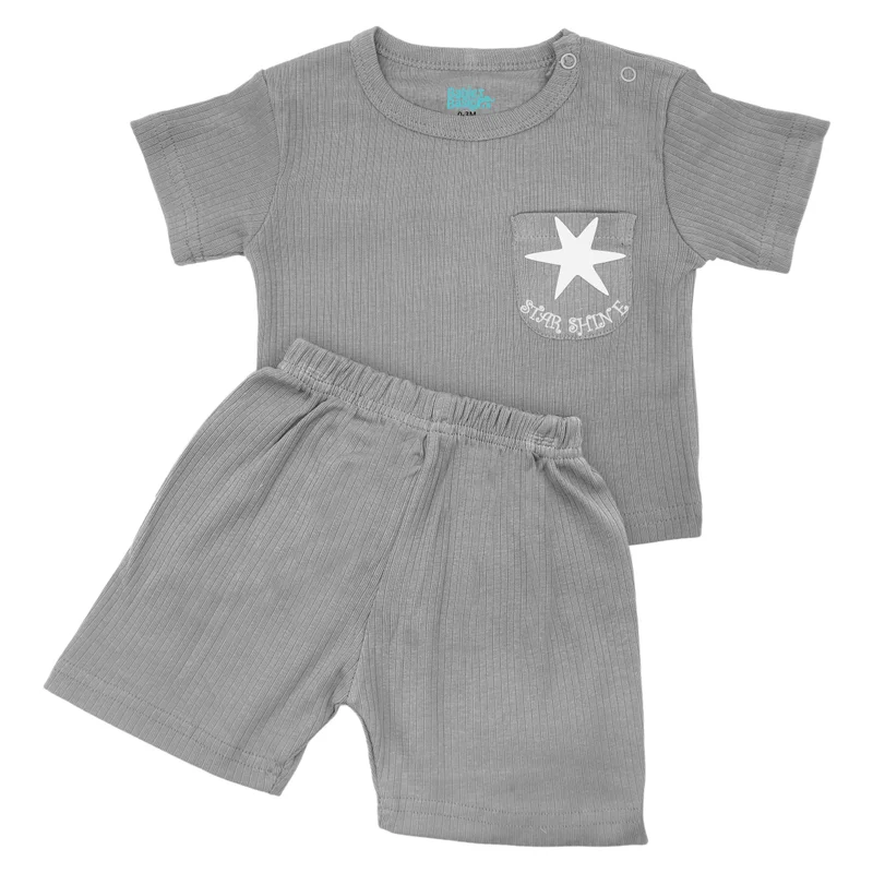 Babies Basic Babies Basic Ribbed Cotton Short Sleeves T-shirt and Plain Shorts Set, Gray