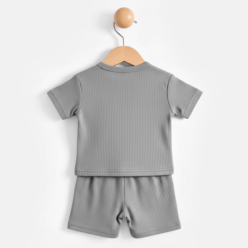 Babies Basic Ribbed Cotton Short Sleeves T-shirt and Plain Shorts Set, Gray - Image 5