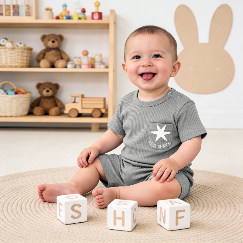 Babies Basic Ribbed Cotton Short Sleeves T-shirt and Plain Shorts Set, Gray - Image 3
