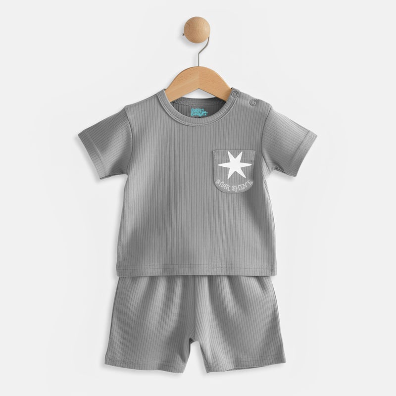 Babies Basic Ribbed Cotton Short Sleeves T-shirt and Plain Shorts Set, Gray - Image 4