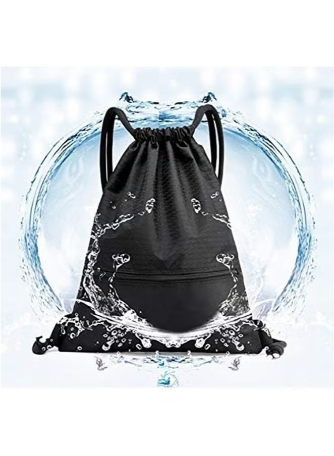 Generic Drawstring Backpack,Sports Canvas Bag,Waterproof Oxford Fabric Drawstring Bag,Swimming Bag,Basketball Bag,Soccer Bag,Zipper 43*49cm(Black)  - Image 3