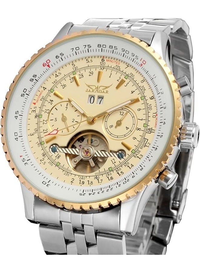 جاراجار {"en":"Men's Self Winding Waterproof Automatic Stainless Steel Skeleton Tourbillon Calendar Wrist Watch - Image 3