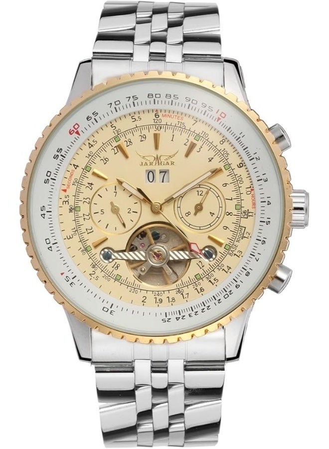 جاراجار {"en":"Men's Self Winding Waterproof Automatic Stainless Steel Skeleton Tourbillon Calendar Wrist Watch - Image 2
