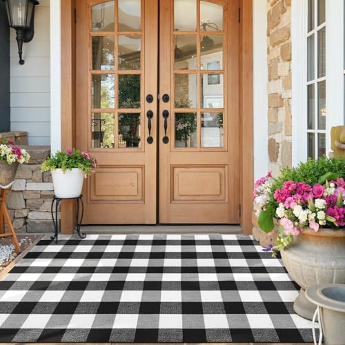 KIMODE Buffalo Plaid Rug 4'x6'Black and White Checkered Rug Farmhouse Cotton Hand-Woven Patio Rug Indoor Outdoor Area Rug Washable Floor Carpet for Front Door Front Porch Living Room - Image 2