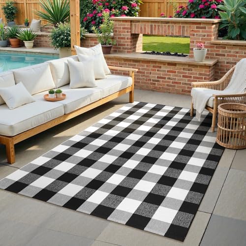 KIMODE Buffalo Plaid Rug 4'x6'Black and White Checkered Rug Farmhouse Cotton Hand-Woven Patio Rug Indoor Outdoor Area Rug Washable Floor Carpet for Front Door Front Porch Living Room - Image 1