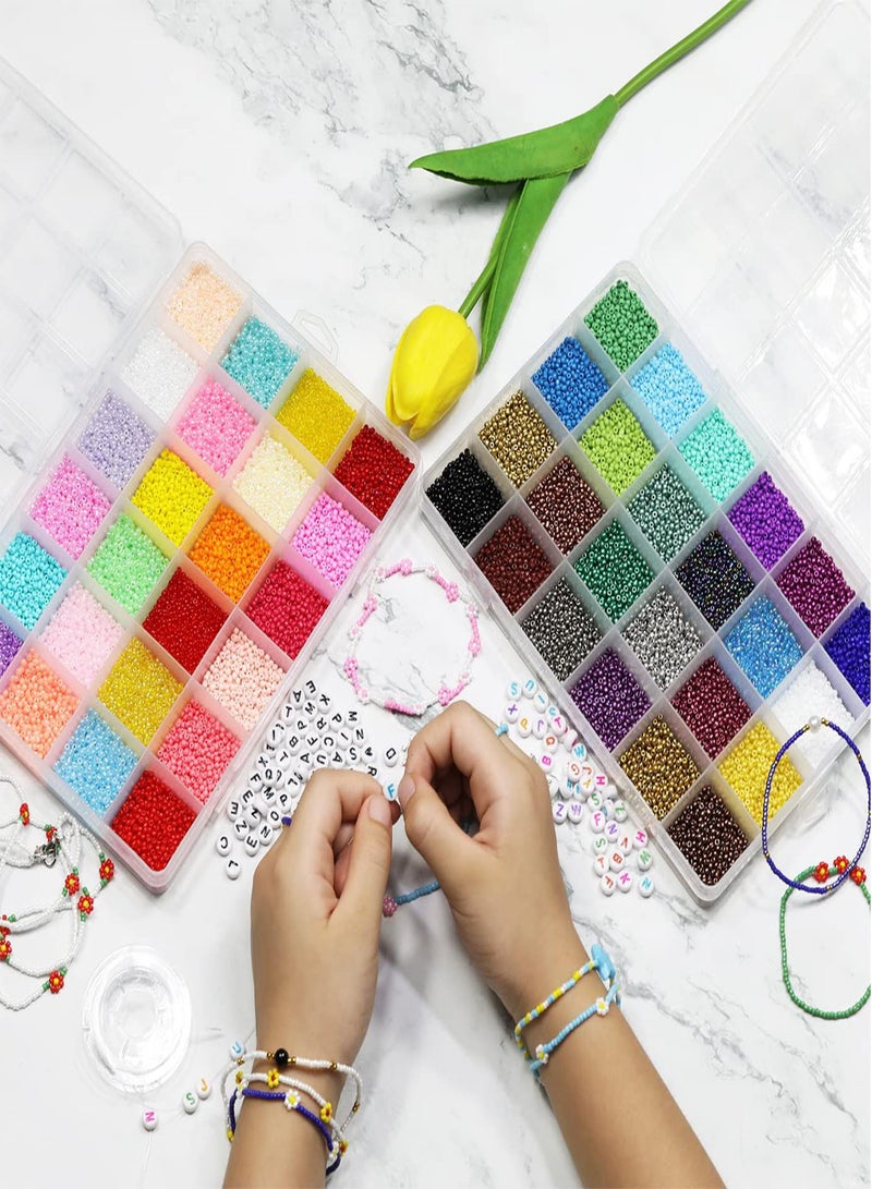 GGOOT 3850pcs 2mm Glass Seed Beads for Jewelry Making Kit, 260pcs Alphabet Letter Beads,Tiny Beads Set for Bracelets Making DIY Art and Craft with Rolls of Elastic String Cord, Charms and Rings(48 - Image 4