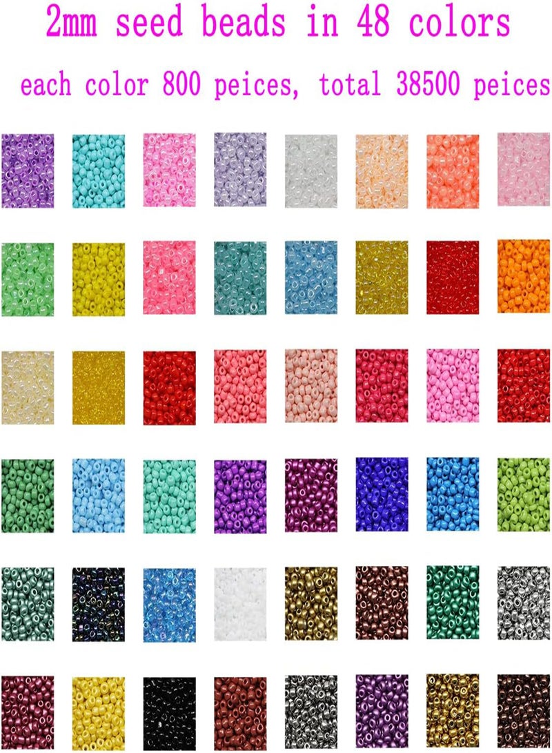 GGOOT 3850pcs 2mm Glass Seed Beads for Jewelry Making Kit, 260pcs Alphabet Letter Beads,Tiny Beads Set for Bracelets Making DIY Art and Craft with Rolls of Elastic String Cord, Charms and Rings(48 - Image 2
