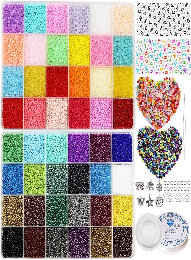 GGOOT 3850pcs 2mm Glass Seed Beads for Jewelry Making Kit, 260pcs Alphabet Letter Beads,Tiny Beads Set for Bracelets Making DIY Art and Craft with Rolls of Elastic String Cord, Charms and Rings(48 - Image 1