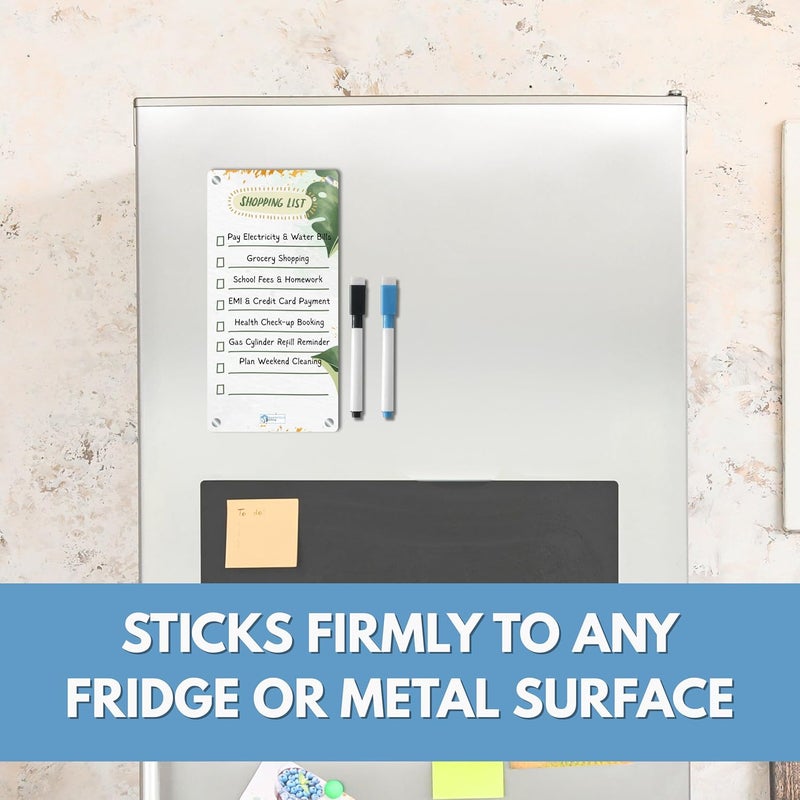AVATAAR STUDIO Magnetic Acrylic Board for Fridge – 22x11 cm, 3mm Thick, Reusable Dry Erase Board with 2 Non-Toxic Pens – Grocery List, Planner, Kitchen Organizer (Green Tropical “Shopping List”) - Image 3