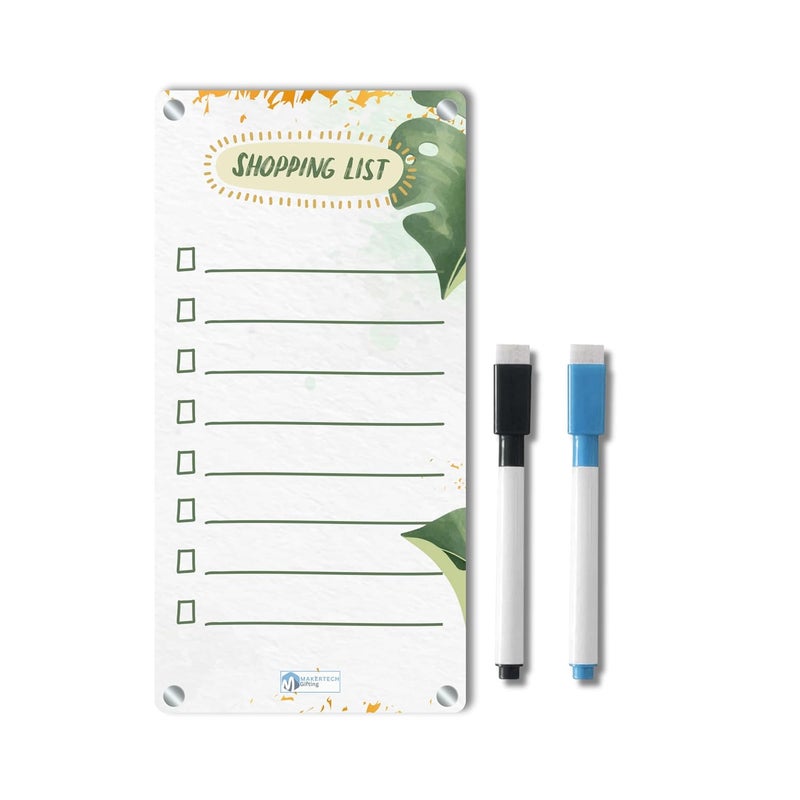 AVATAAR STUDIO Magnetic Acrylic Board for Fridge – 22x11 cm, 3mm Thick, Reusable Dry Erase Board with 2 Non-Toxic Pens – Grocery List, Planner, Kitchen Organizer (Green Tropical “Shopping List”) - Image 1