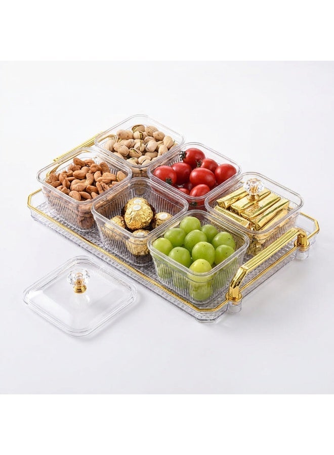 Luxury Acrylic Serving Set 6-Bowl Organizer with Lids and Gold Handle Tray – Modern Nut, Candy & Date Server for Events (Clear). - Image 1