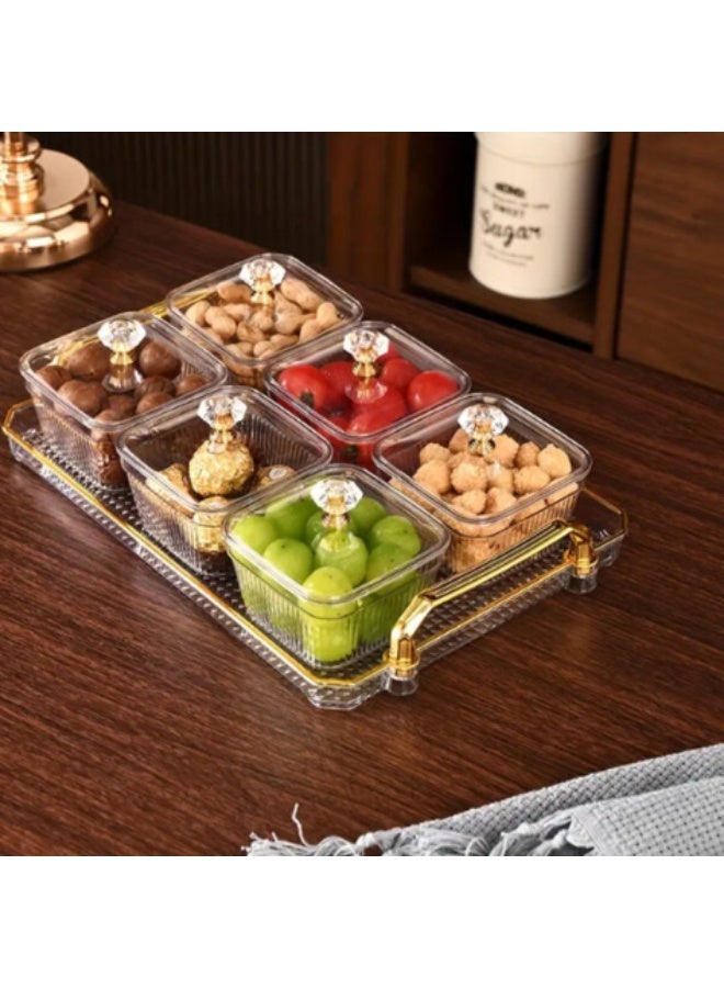 Luxury Acrylic Serving Set 6-Bowl Organizer with Lids and Gold Handle Tray – Modern Nut, Candy & Date Server for Events (Clear). - Image 2