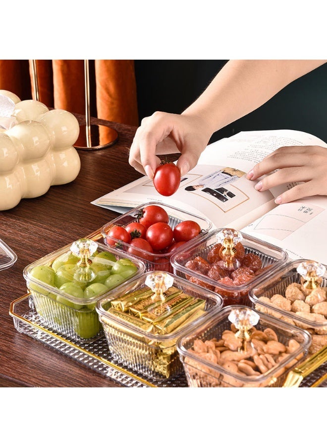 Luxury Acrylic Serving Set 6-Bowl Organizer with Lids and Gold Handle Tray – Modern Nut, Candy & Date Server for Events (Clear). - Image 3