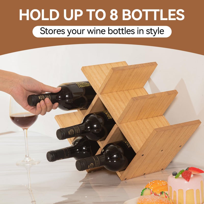 KIRIGEN Wooden 8-Bottle Wine Rack - 3-Tier Wood Wine Display Rack/Standing and Countertop Wine Storage Shelf - Bottle Holder/Cabinet Glass Rack Natural XHJJ3-NA - Image 3