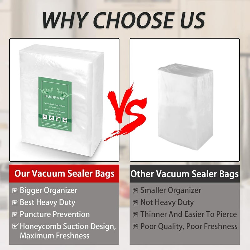 HUISPARK 11" x 16" Vacuum Sealer Bags Heavy Duty Pre-Cut Design Commercial Grade Food Sealable Bag for Heat Seal Food Storage,Smell Proof Bags Boilsafe to 280°F Freezable, Resizable (100Pcs) - Image 3