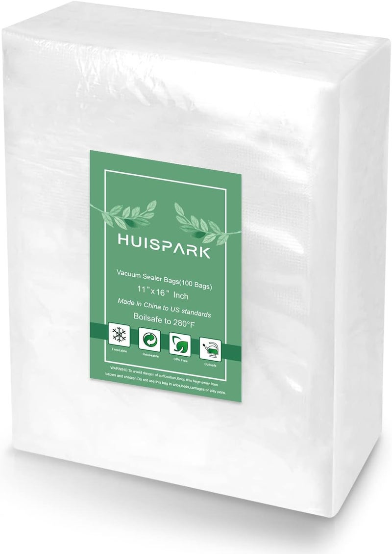 HUISPARK 11" x 16" Vacuum Sealer Bags Heavy Duty Pre-Cut Design Commercial Grade Food Sealable Bag for Heat Seal Food Storage,Smell Proof Bags Boilsafe to 280°F Freezable, Resizable (100Pcs) - Image 1