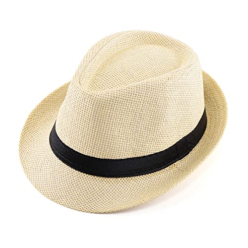 FALETO Unisex Summer Panama Straw Fedora Hat Short Brim Beach Sun Cap Classic (#01 Beige) - Image 1
