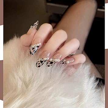 Sonew 24pcs Fake Nail Tip Leopard Print Faux Pearl False Nails Girls Full Cover Manicure Tool Salon Fake Nails Acrylic Nails Art Tips - Image 3