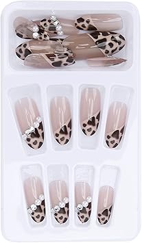 Sonew 24pcs Fake Nail Tip Leopard Print Faux Pearl False Nails Girls Full Cover Manicure Tool Salon Fake Nails Acrylic Nails Art Tips - Image 1