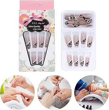 Sonew 24pcs Fake Nail Tip Leopard Print Faux Pearl False Nails Girls Full Cover Manicure Tool Salon Fake Nails Acrylic Nails Art Tips - Image 5