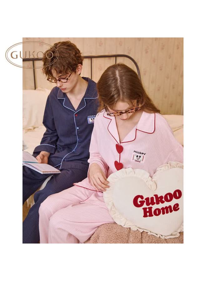 Gukoo Disney Series Striped Collar Cotton Long Sleeve Women's Pajama Set Couple Sleepwear Spring Autumn Ancient Pink S - Image 2