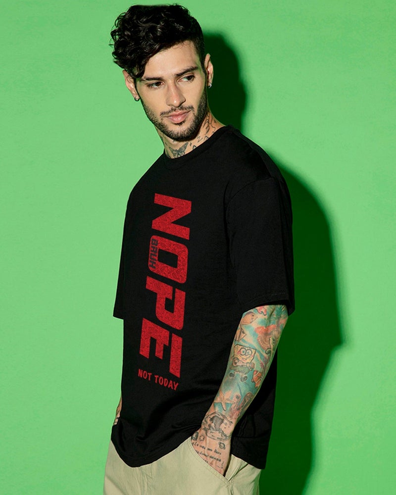 bewakoof Men's Jet Black Nope Bruh Typography Oversized T-shirt - Image 1