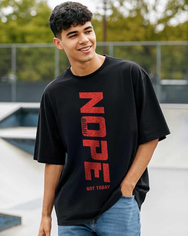bewakoof Men's Jet Black Nope Bruh Typography Oversized T-shirt - Image 2