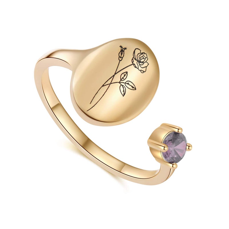 SLOONG Handmade Birth Flower Signet Ring 14K Gold Plated Ring Birth Stone Ring Birthday Gift for Mom Daughter Girlfriend Wife (June-Rose) - Image 1