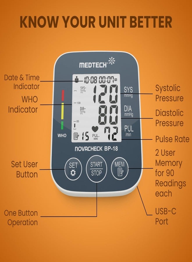 MEDTECH® BP18 Fully Automatic Portable Digital Blood Pressure Monitor with Smart MDD Technology and USB-C Port - Full Size Cuff - 22-42cm - Image 4