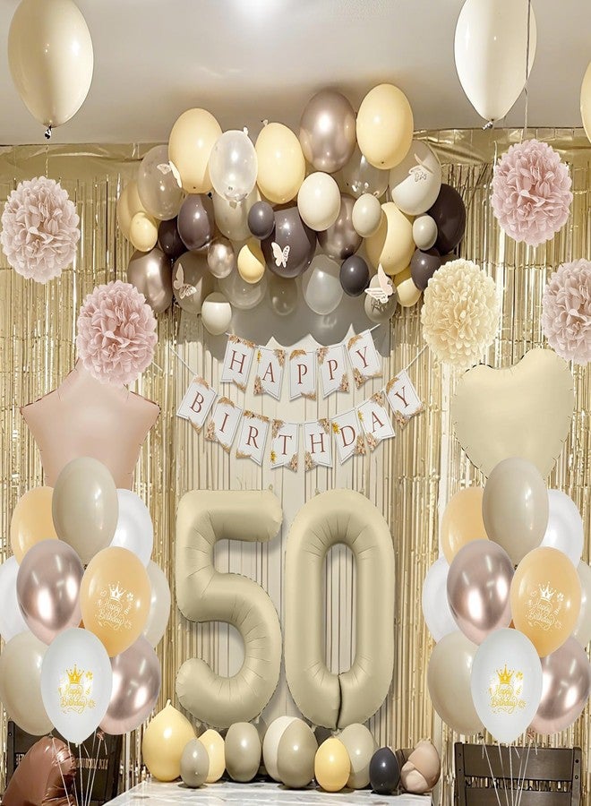 Togvu 50th Beige Birthday Decorations for Women, Cream Foil Number 50 Neutral Heart Tan Star Balloons Boho White Gold Nude Balloons with Boho Happy Birthday Banner Fringe Curtain Paper Pom Poms Party Decor - Image 5