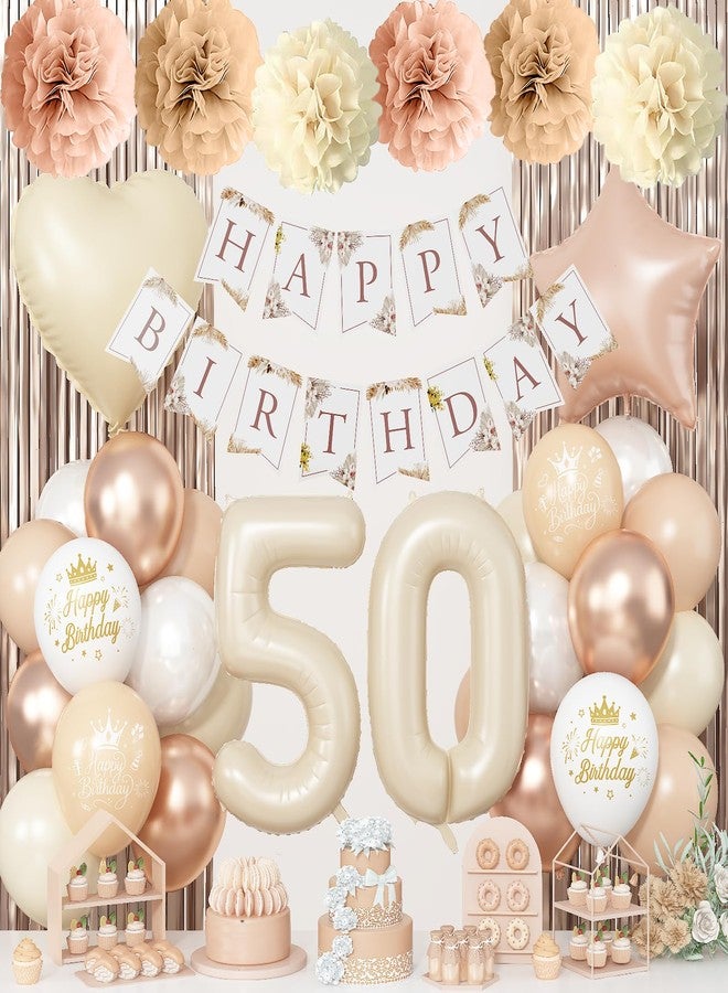 Togvu 50th Beige Birthday Decorations for Women, Cream Foil Number 50 Neutral Heart Tan Star Balloons Boho White Gold Nude Balloons with Boho Happy Birthday Banner Fringe Curtain Paper Pom Poms Party Decor - Image 1