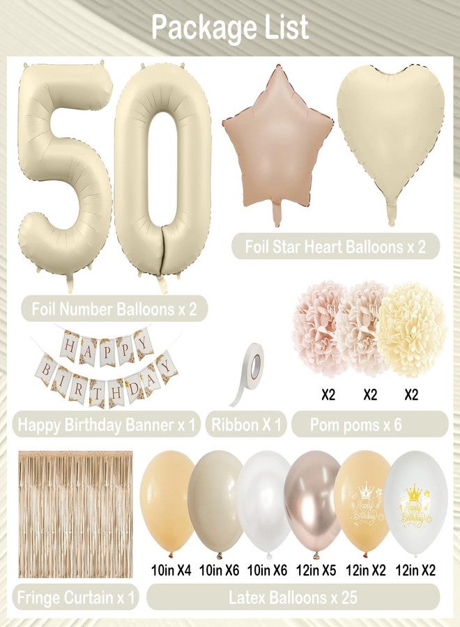 Togvu 50th Beige Birthday Decorations for Women, Cream Foil Number 50 Neutral Heart Tan Star Balloons Boho White Gold Nude Balloons with Boho Happy Birthday Banner Fringe Curtain Paper Pom Poms Party Decor - Image 2