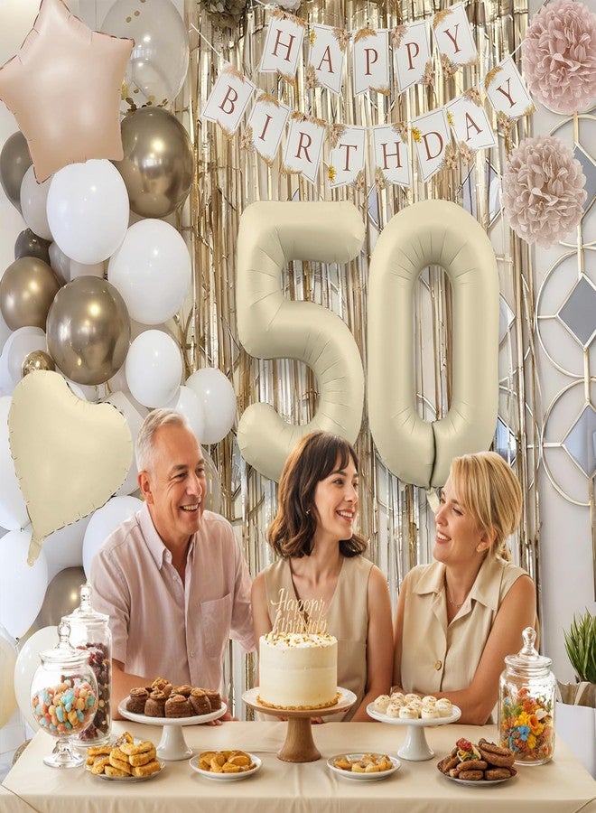 Togvu 50th Beige Birthday Decorations for Women, Cream Foil Number 50 Neutral Heart Tan Star Balloons Boho White Gold Nude Balloons with Boho Happy Birthday Banner Fringe Curtain Paper Pom Poms Party Decor - Image 3