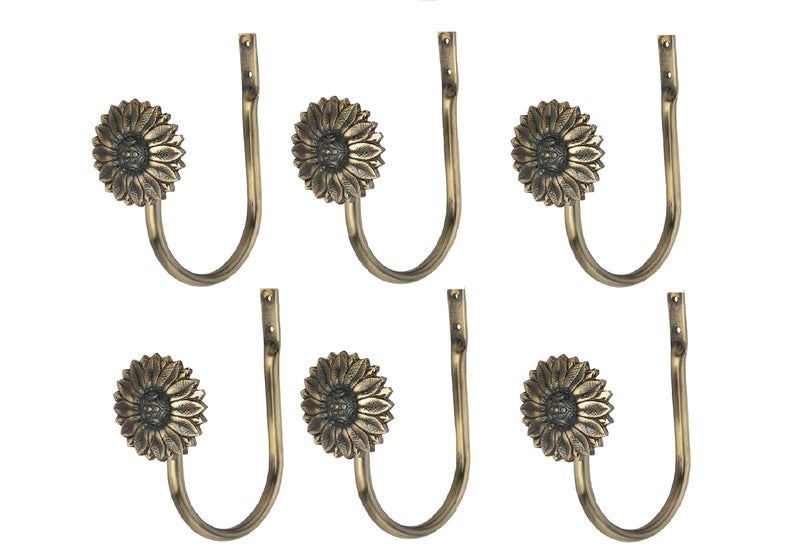 Chitra 6 Pcs Curtain Holdback for Curtains Wall Mounted Metal Drapery Hook for Door Window Treatment - Sun Flower Tie Back (Antique Brass) - Image 2