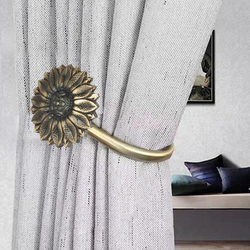 Chitra 6 Pcs Curtain Holdback for Curtains Wall Mounted Metal Drapery Hook for Door Window Treatment - Sun Flower Tie Back (Antique Brass) - Image 1