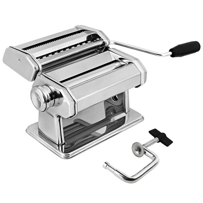 PASTA MAKER MACHINE STAINLESS STEEL MANUAL WITH ADJUSTABLE THICKNESS SETTINGS PERFECT FOR HOMEMADE SPAGHETTI FETTUCCINI NOODLES AND LASAGNA INCLUDES REMOVABLE HANDLE AND CLAMP SILVER