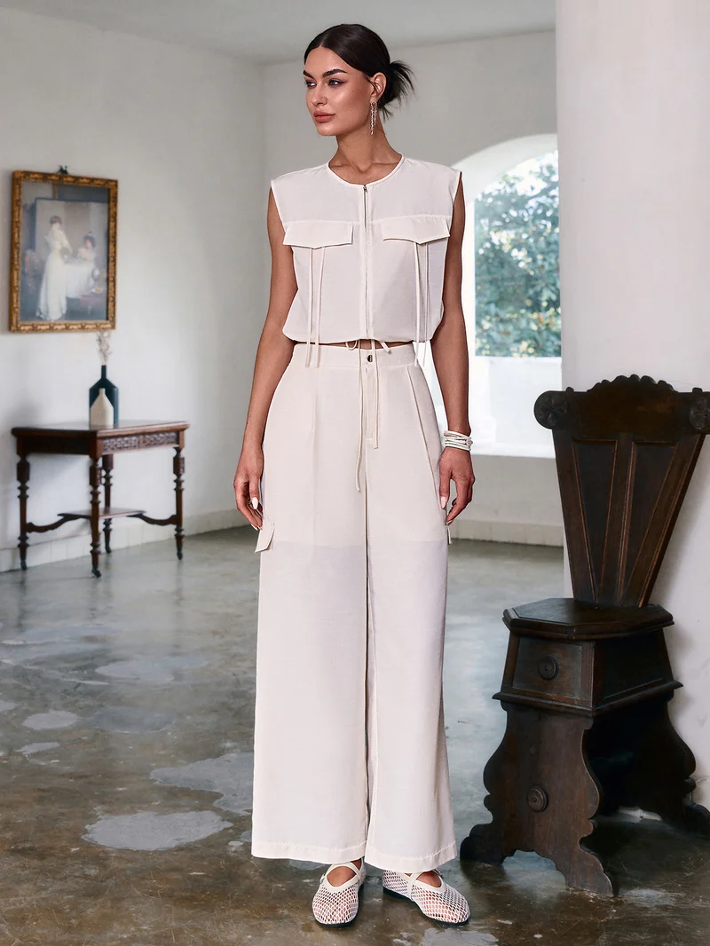Simplee Lapel Sleeveless Vest Top & High Waist Wide Leg Trousers Set, Fresh Solid Co-ord Set