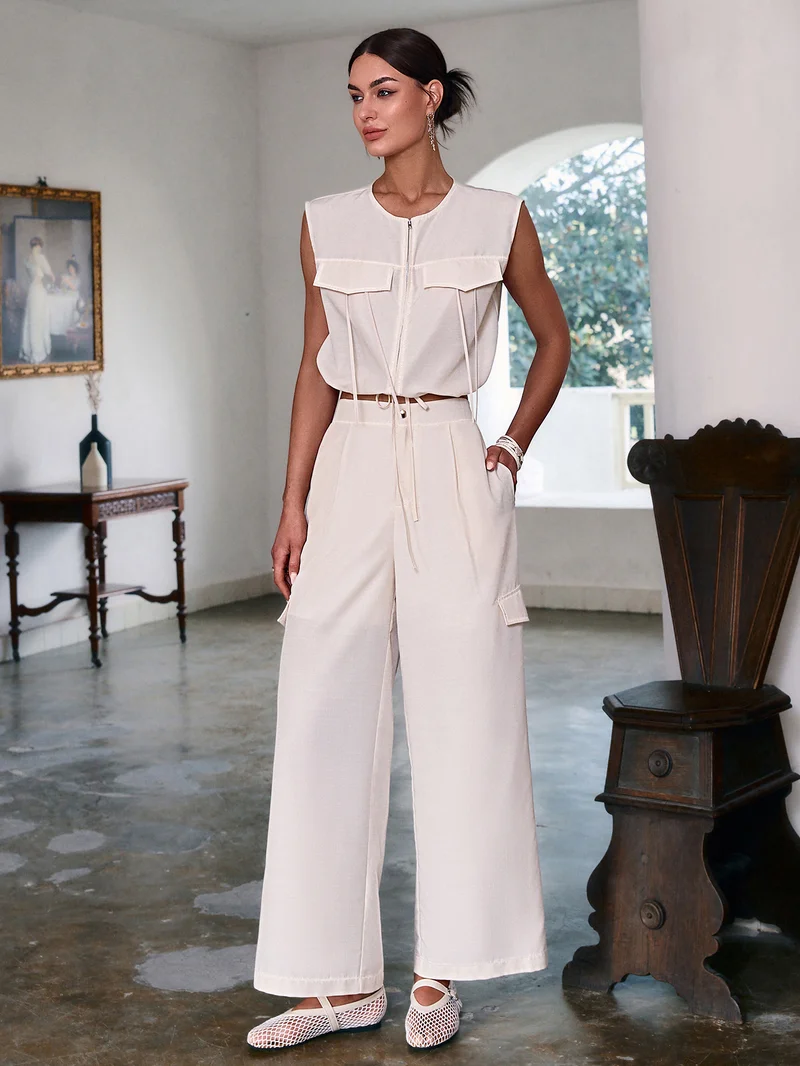 Simplee Lapel Sleeveless Vest Top & High Waist Wide Leg Trousers Set, Fresh Solid Co-ord Set