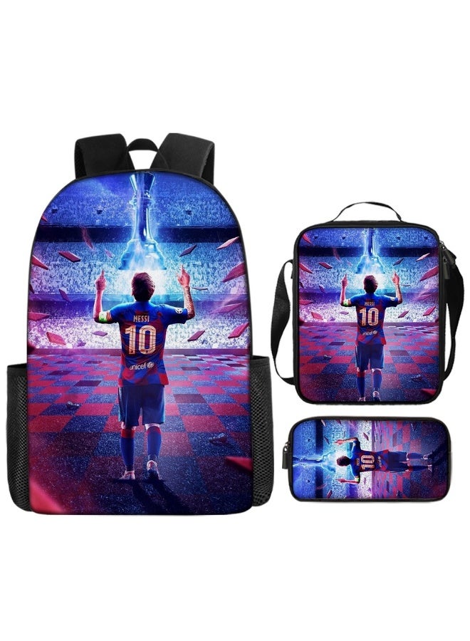 MESSI 3-Piece Neon Light Messi Barcelona Camp Nou Trophy Backpack Set, Dream Stadium Football Fan School Backpack With Lunch Bag & Pencil Case - Image 1